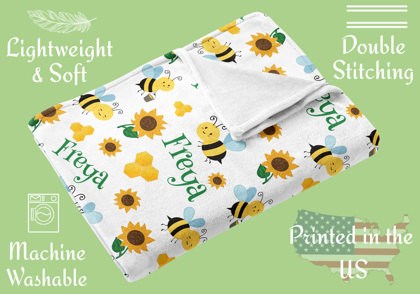 Personalized Baby Blankets for Girls and Boys with Name, Honey Bees, Sunflowers