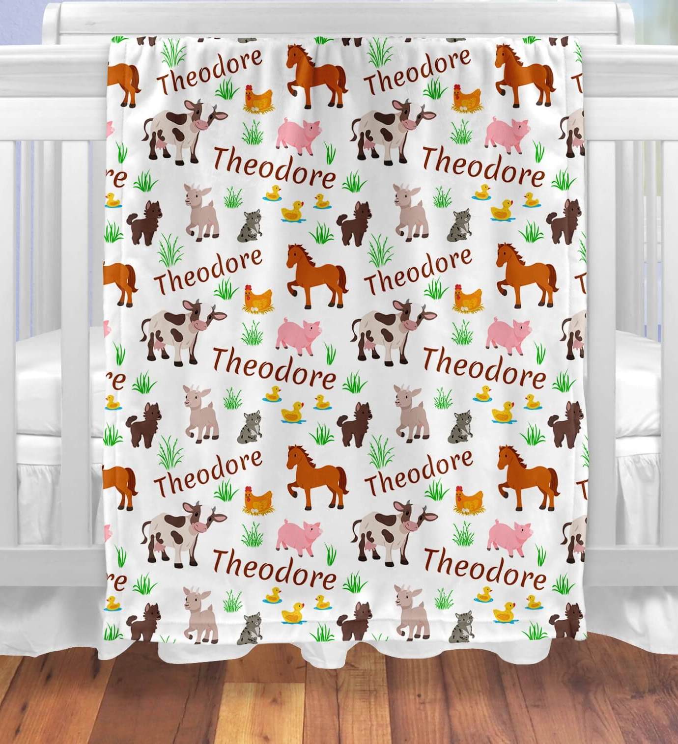 Personalized Baby Blankets for Boys and Girls with Name and Farm Animals: Cow, Horse, Pig, Goat