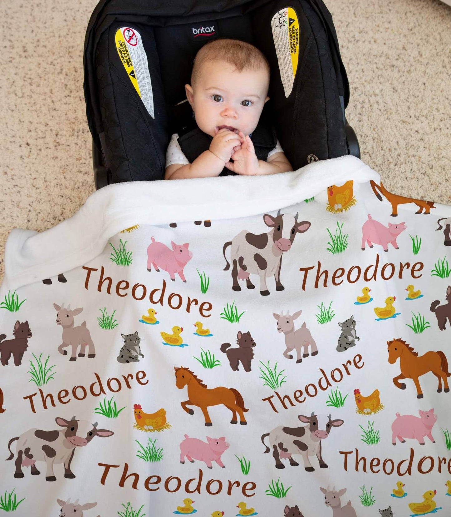 Personalized Baby Blankets for Boys and Girls with Name and Farm Animals: Cow, Horse, Pig, Goat