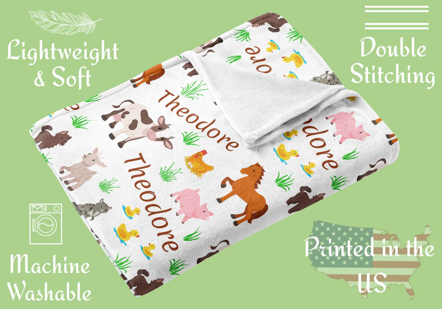 Personalized Baby Blankets for Boys and Girls with Name and Farm Animals: Cow, Horse, Pig, Goat