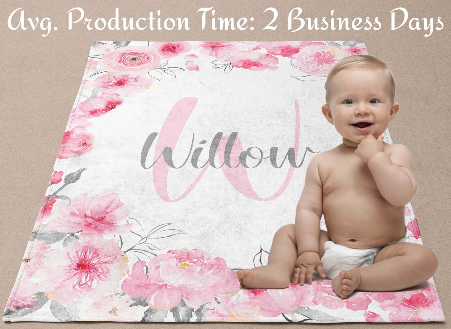 Personalized Floral Baby Girl Blanket with Name, Pink and Gray Flowers