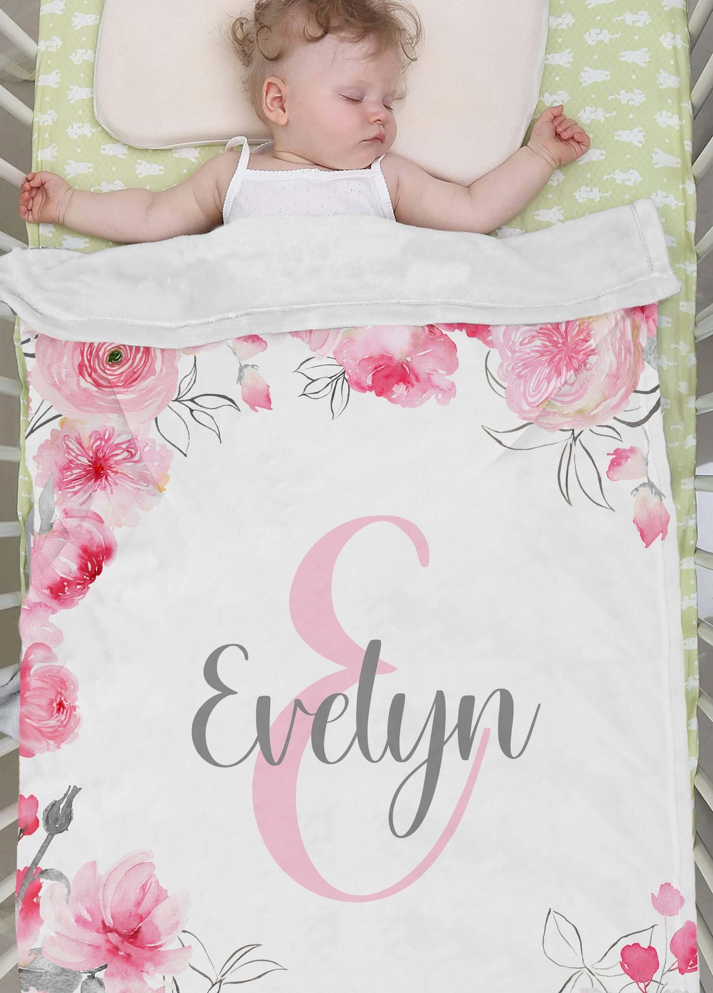 Personalized Floral Baby Girl Blanket with Name, Pink and Gray Flowers