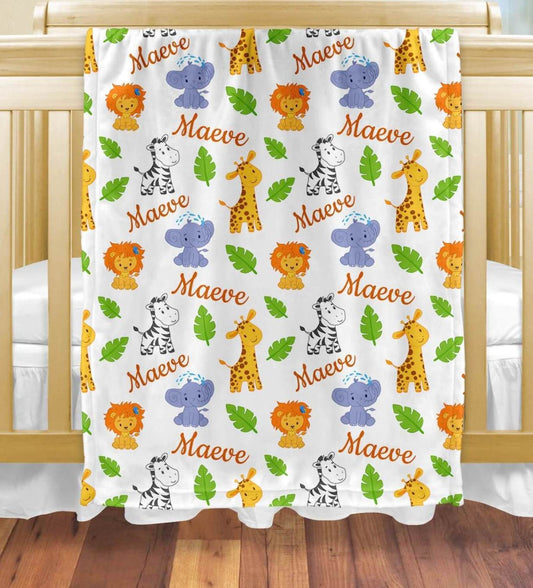 Baby Blankets with Name and Safari Animals: Lion, Elephant Zebra, Giraffe