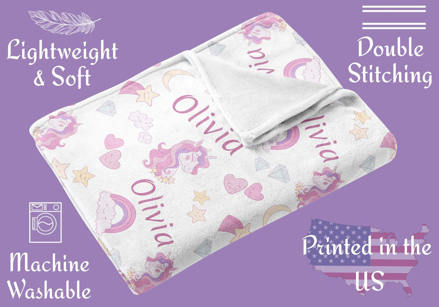 Personalized Baby Blankets for Girls with Name, Unicorns and Rainbows