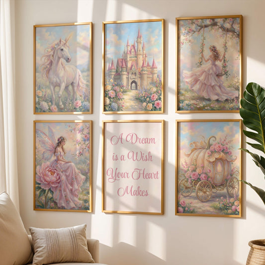 Fairytale Nursery Prints Set, Vintage Style Girls Room Wall Art, Princess Nursery Decor, Pastel Pink Unicorn Castle Carriage Prints Bundle