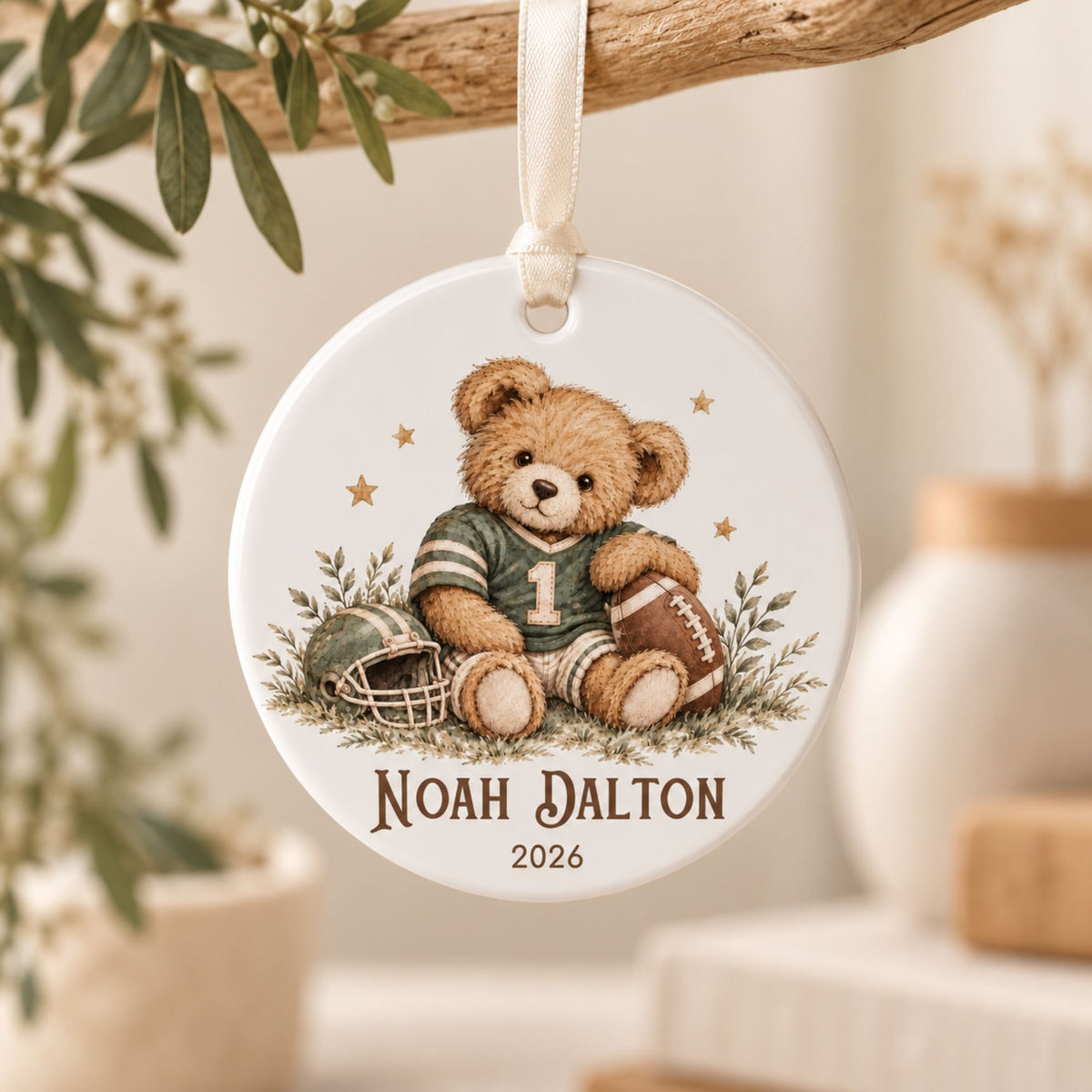 Personalized Football Christmas Ornament - Teddy Bear Player