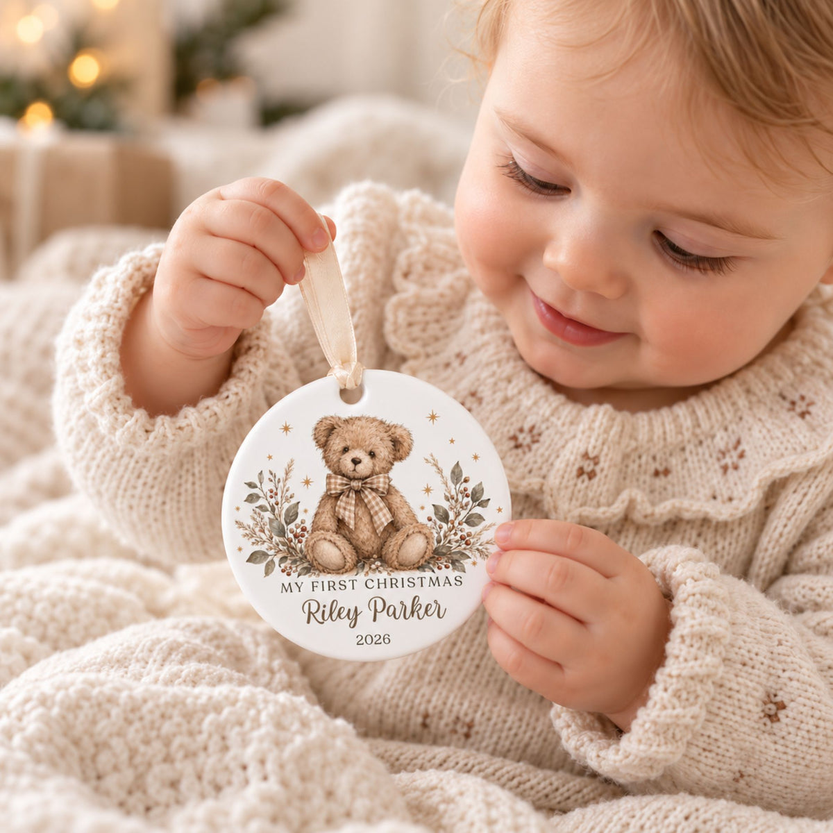 Personalized First Christmas Ornament - Neutral Teddy Bear