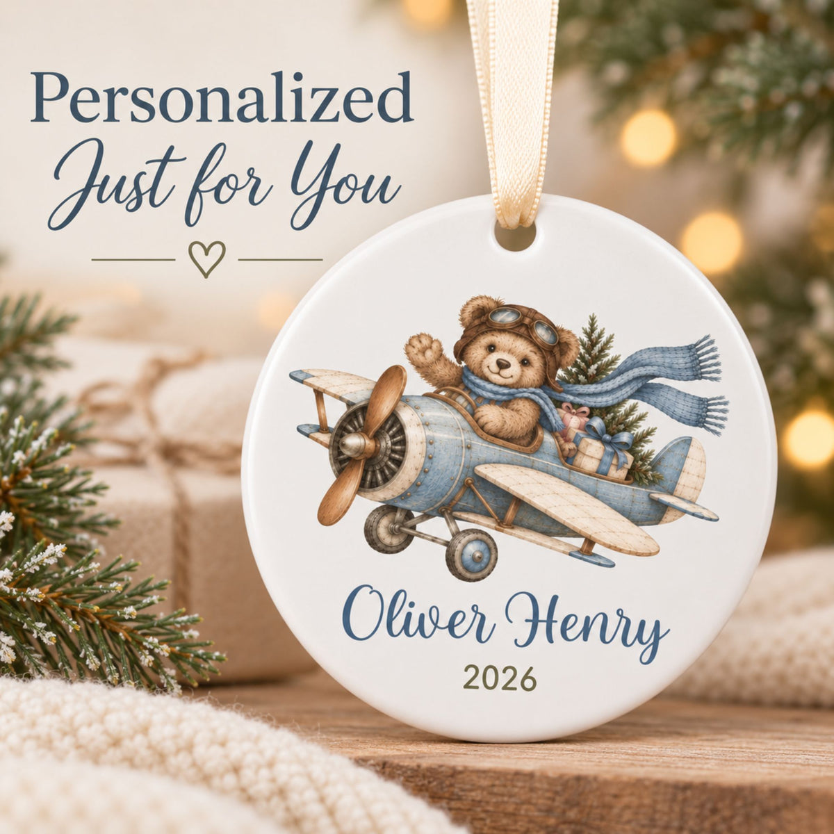Personalized Airplane Christmas Ornament with Teddy Bear Pilot
