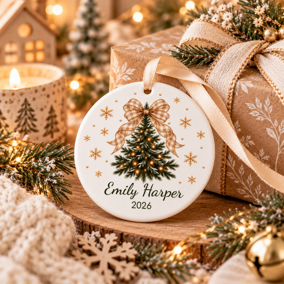 Personalized Christmas Tree Ornament with Gingham Bow