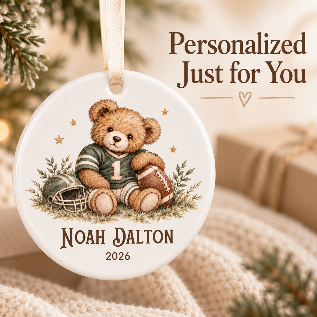 Personalized Football Christmas Ornament - Teddy Bear Player