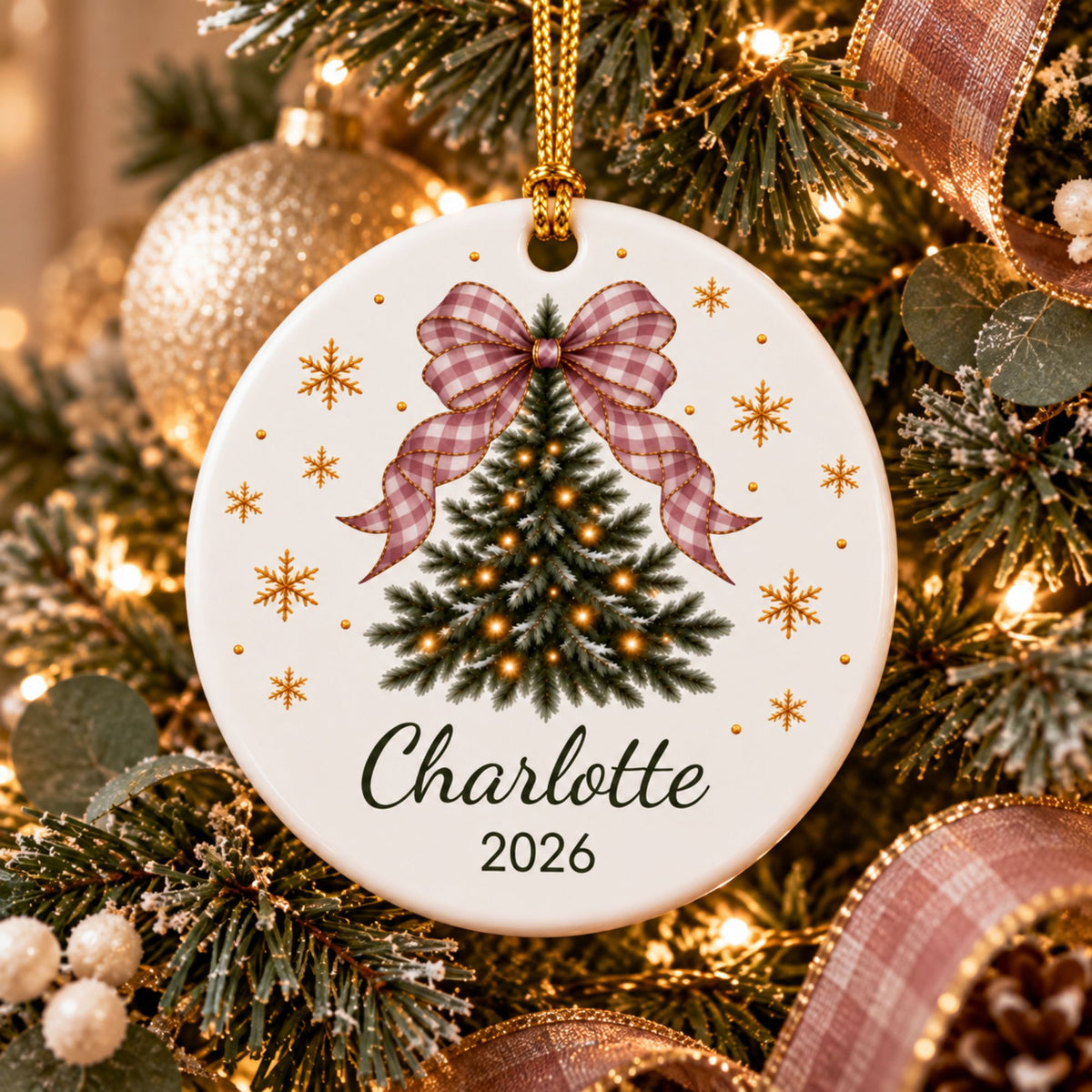Personalized Christmas Tree Ornament with Gingham Bow