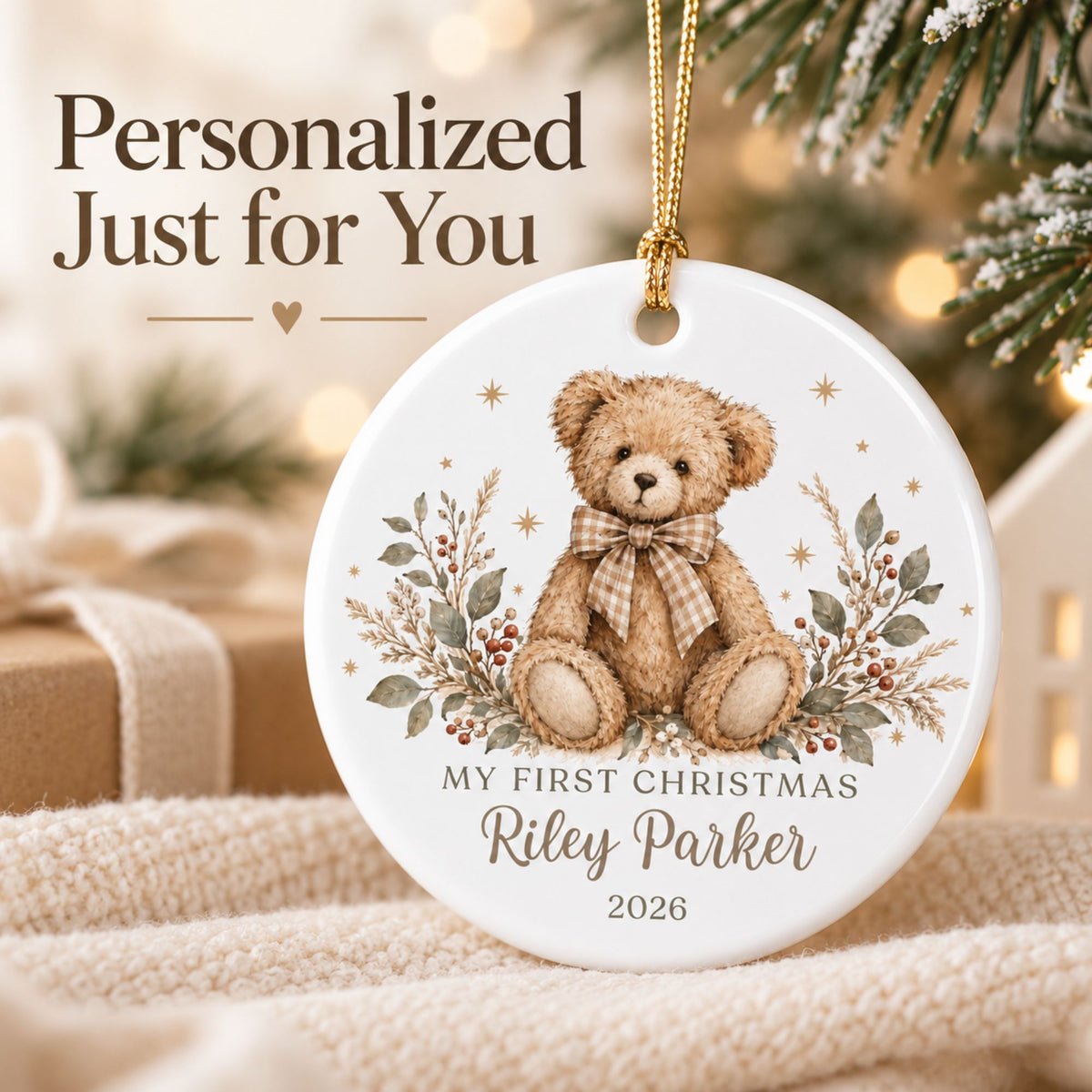 Personalized First Christmas Ornament - Neutral Teddy Bear