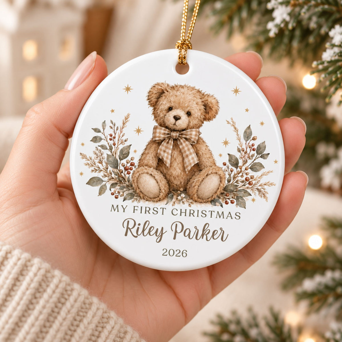 Personalized First Christmas Ornament - Neutral Teddy Bear