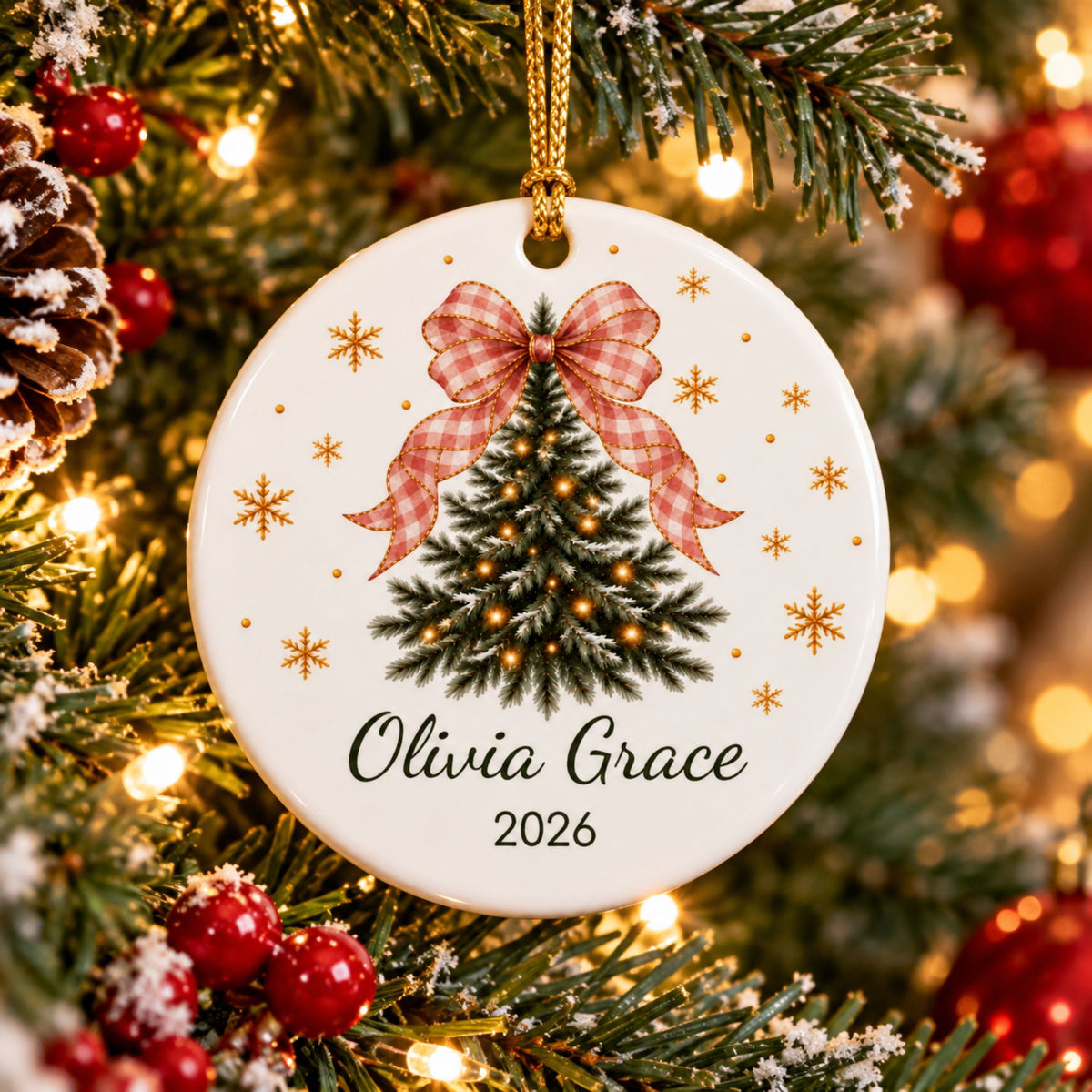 Personalized Christmas Tree Ornament with Gingham Bow