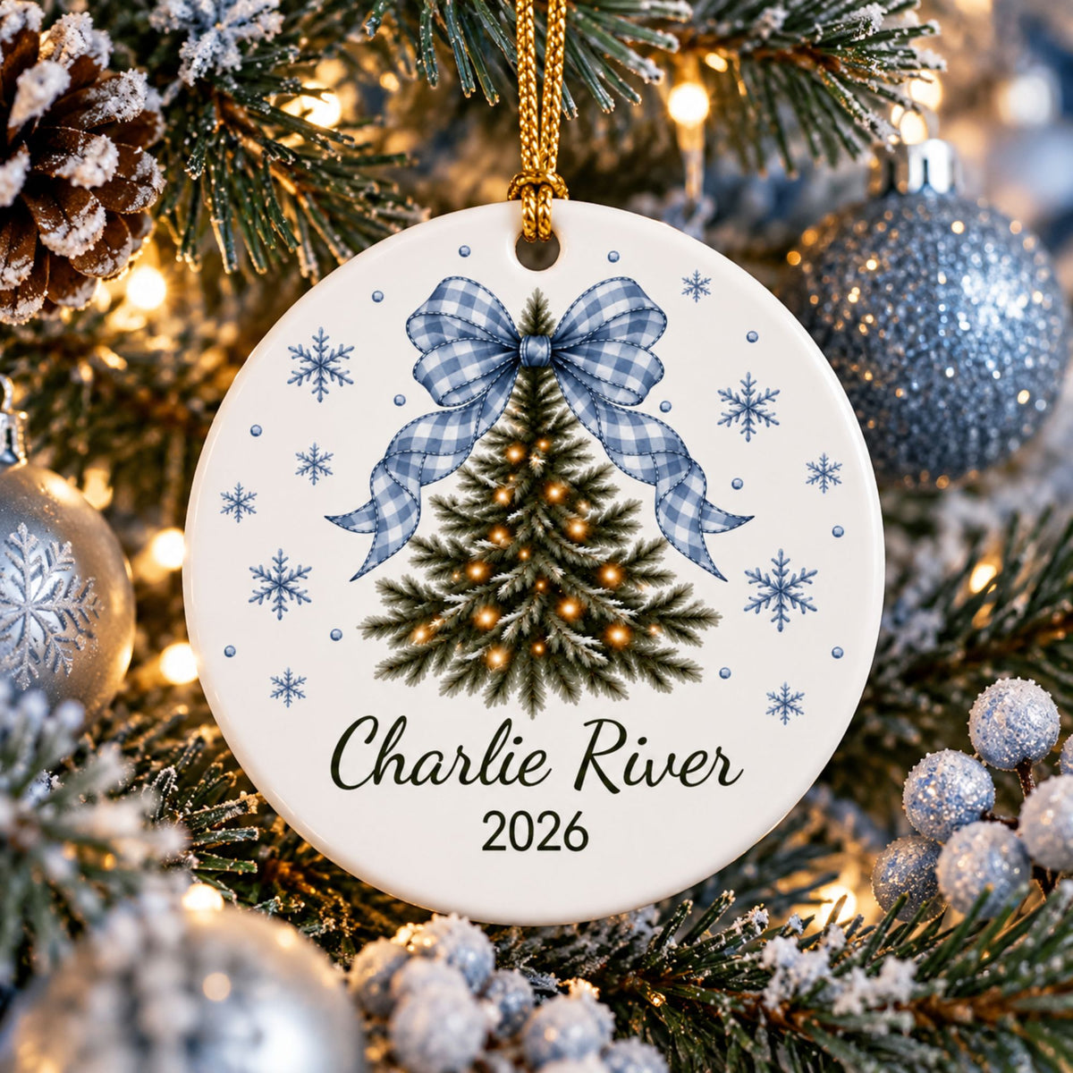 Personalized Christmas Tree Ornament with Gingham Bow