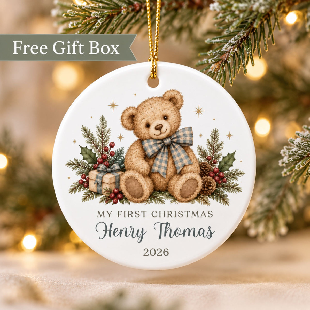 Baby Boy's First Christmas Ornament - Blue Gingham Teddy Bear