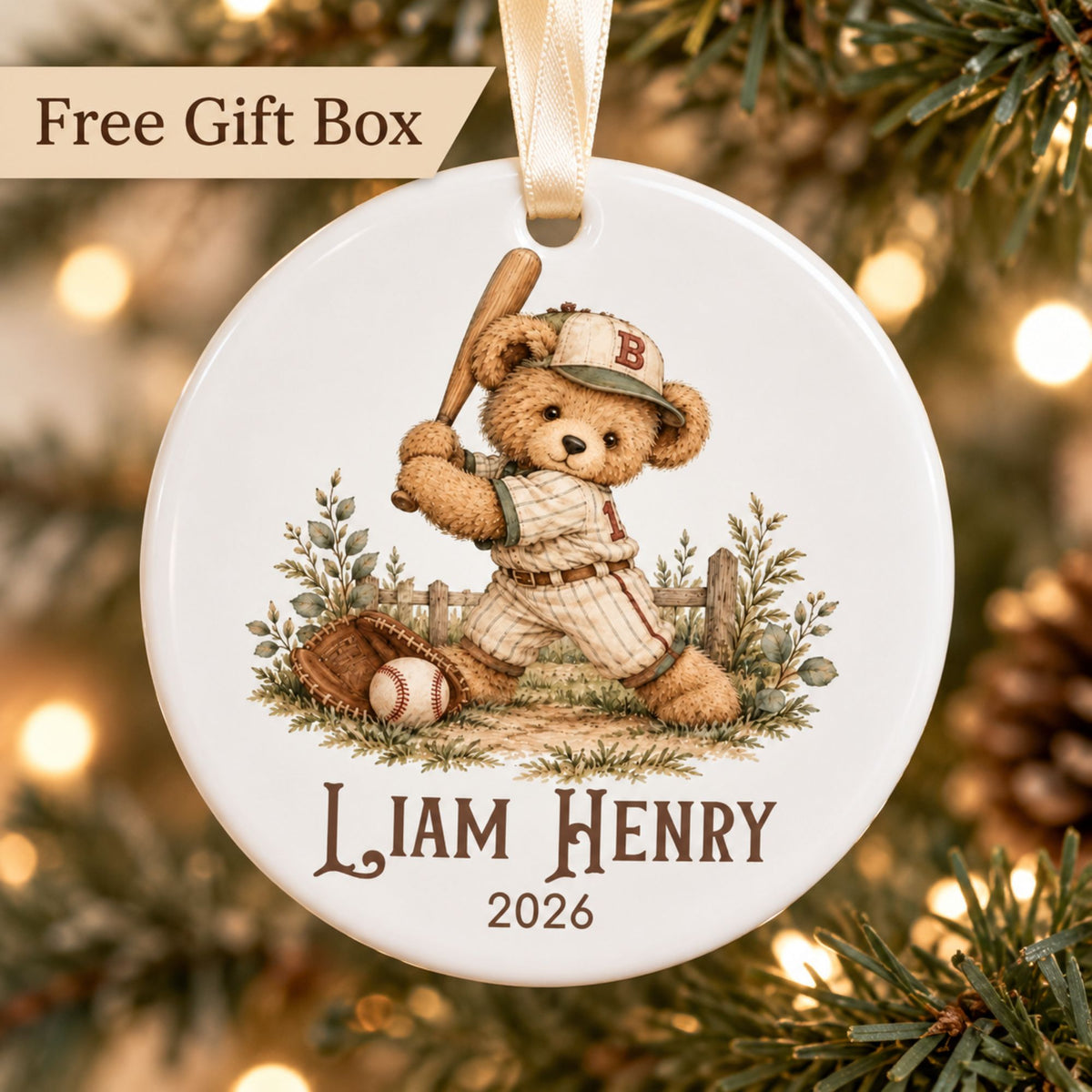 Personalized Baseball Christmas Ornament - Vintage Teddy Bear