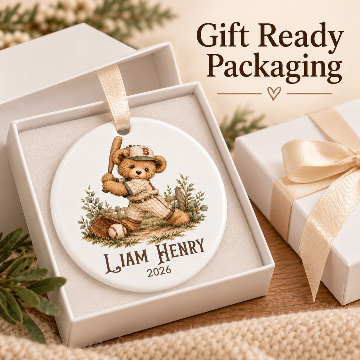 Personalized Baseball Christmas Ornament - Vintage Teddy Bear