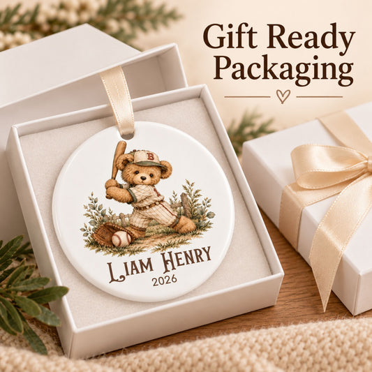 Personalized Baseball Christmas Ornament - Vintage Teddy Bear