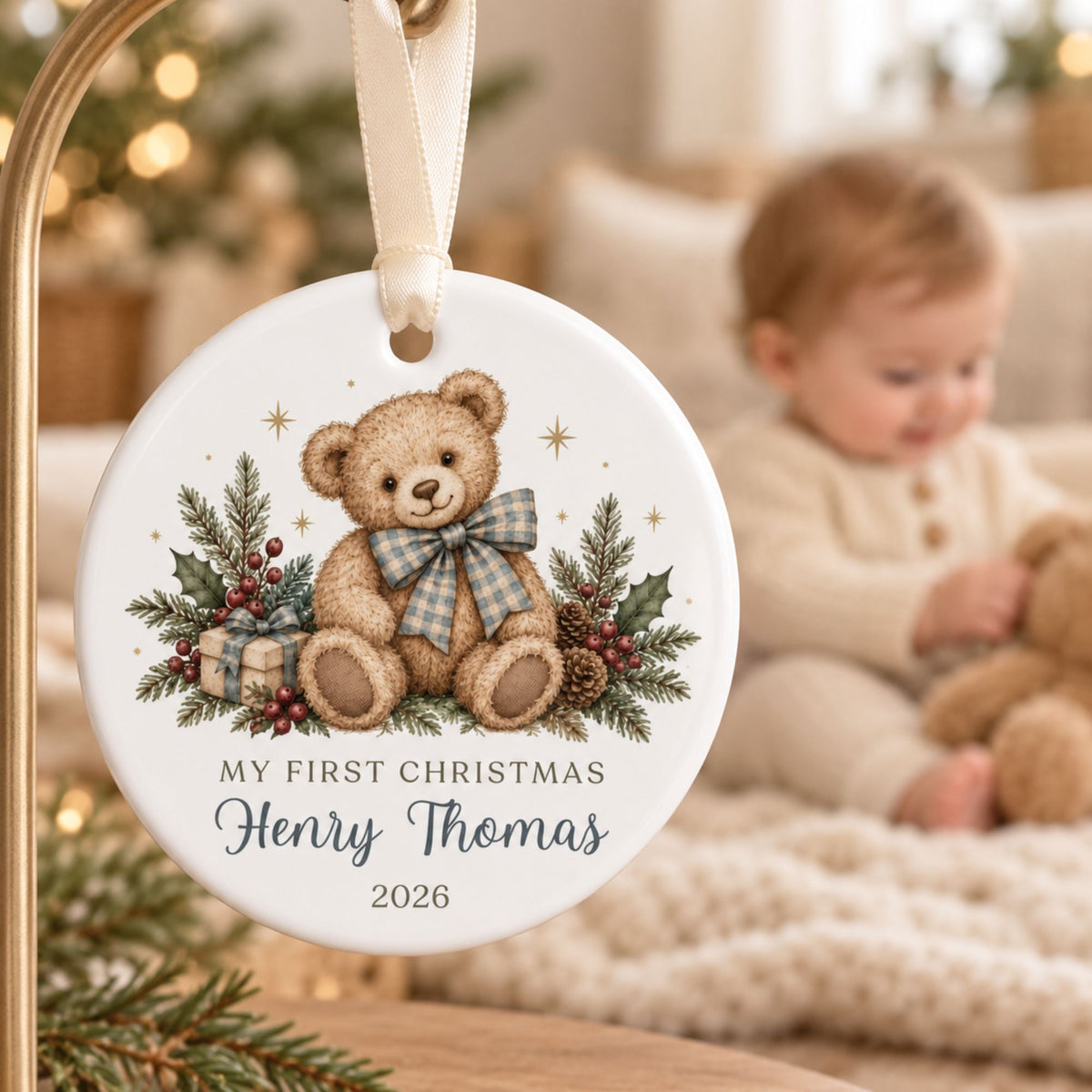 Baby Boy's First Christmas Ornament - Blue Gingham Teddy Bear