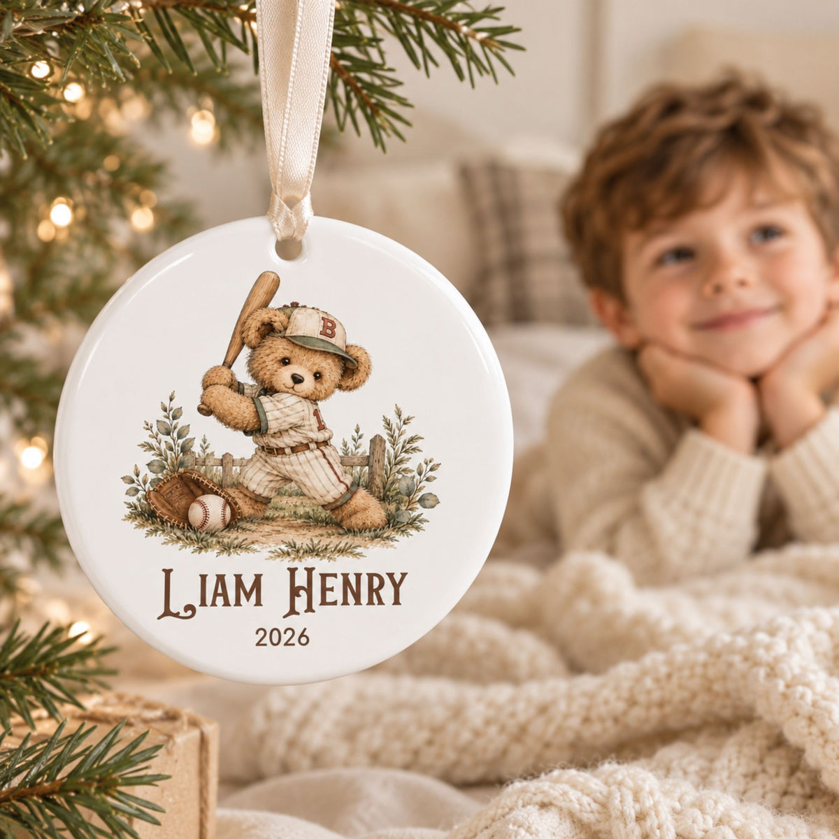Personalized Baseball Christmas Ornament - Vintage Teddy Bear
