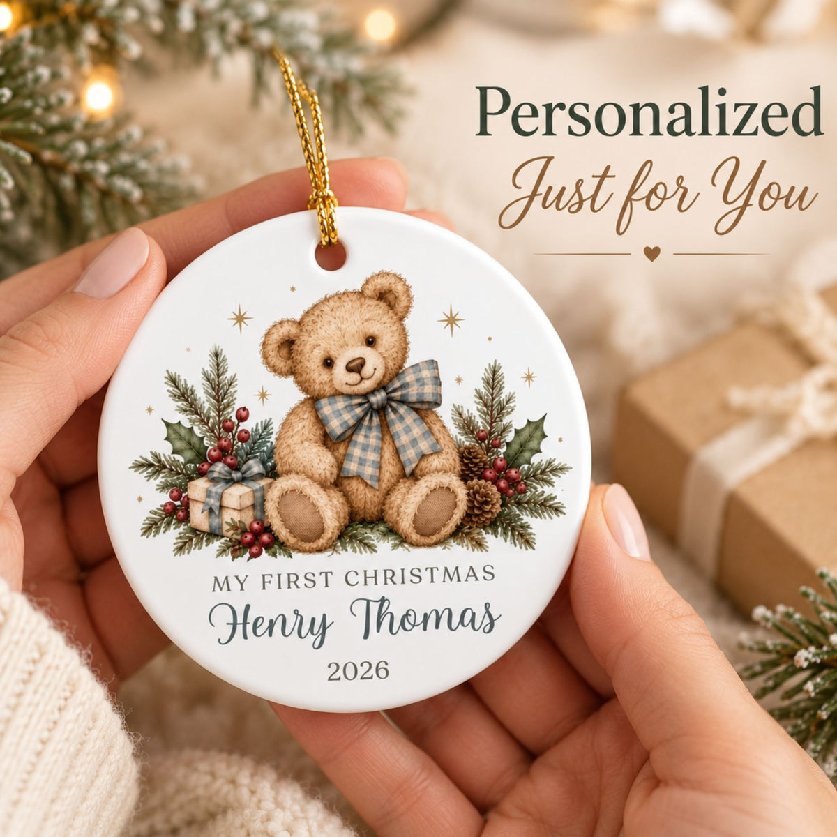 Baby Boy's First Christmas Ornament - Blue Gingham Teddy Bear