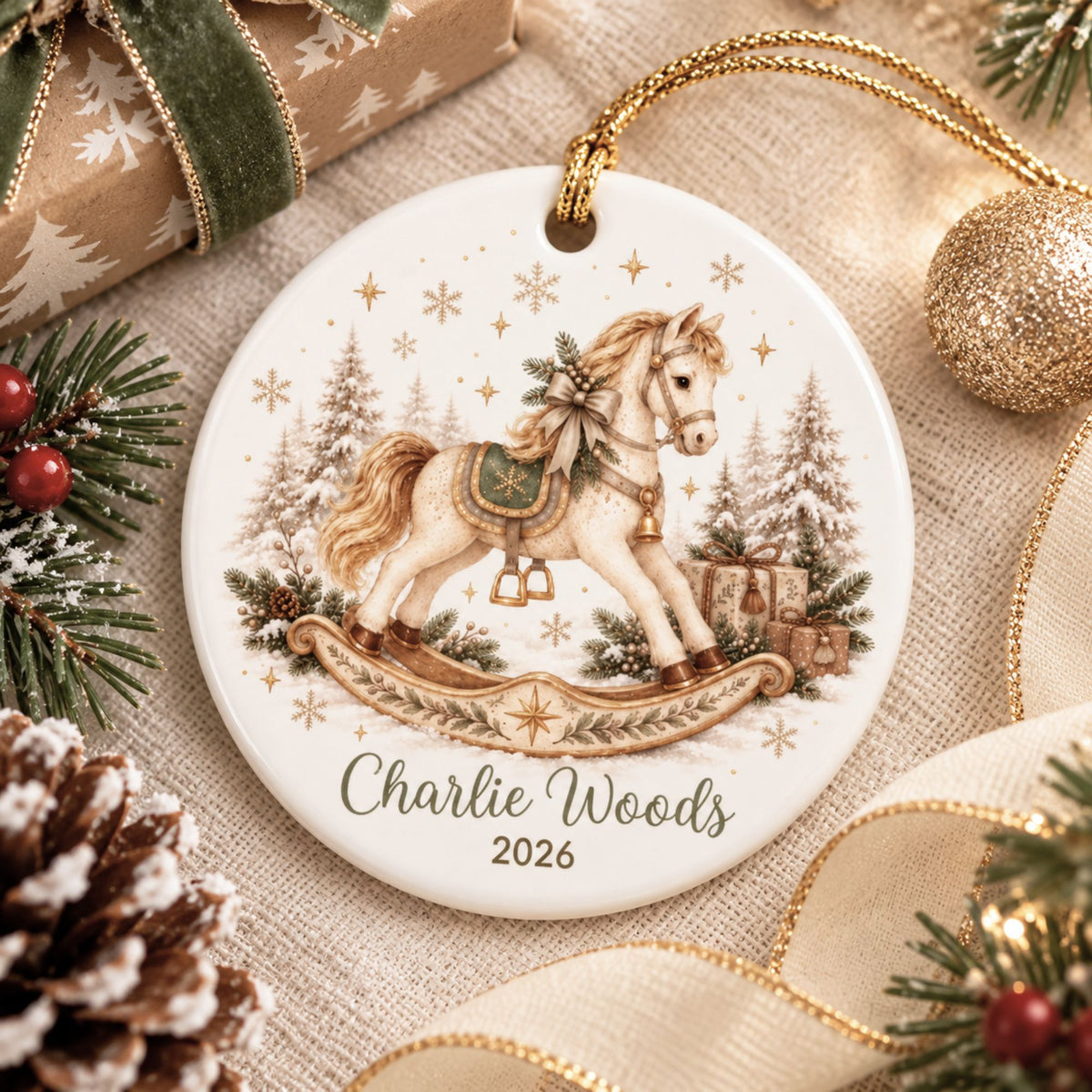 Personalized Rocking Horse Christmas Ornament - Blue