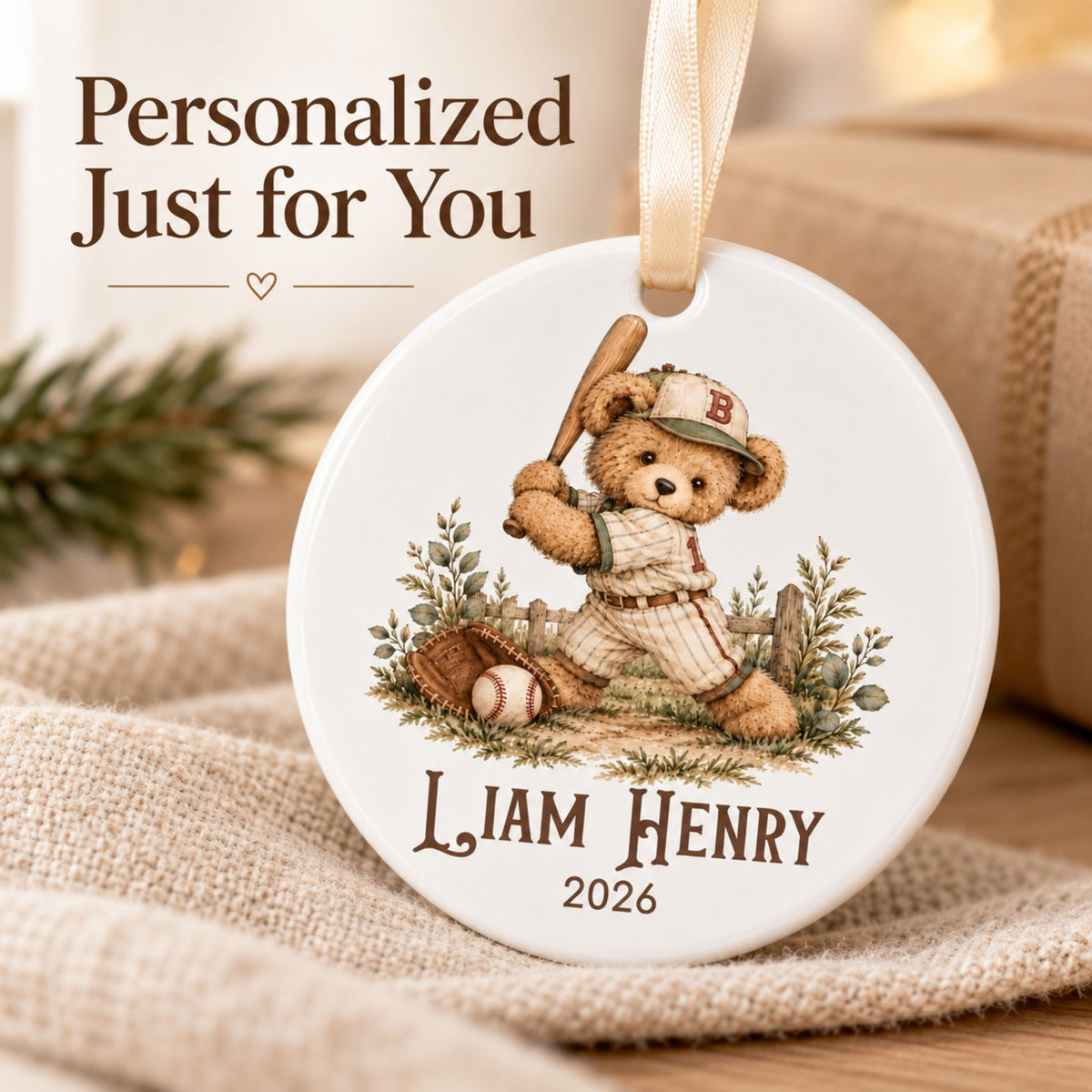 Personalized Baseball Christmas Ornament - Vintage Teddy Bear