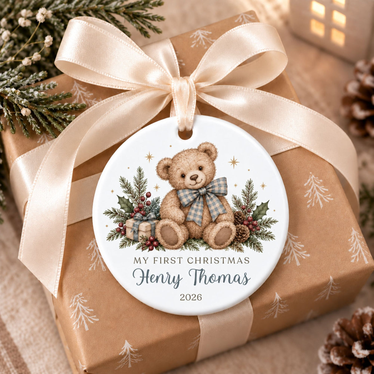 Baby Boy's First Christmas Ornament - Blue Gingham Teddy Bear