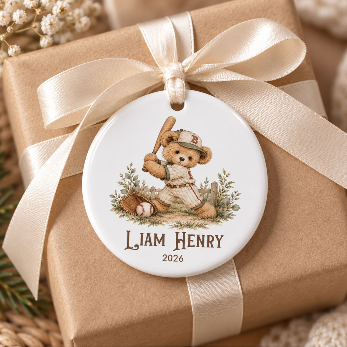 Personalized Baseball Christmas Ornament - Vintage Teddy Bear