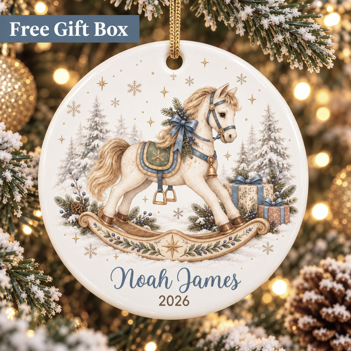 Personalized Rocking Horse Christmas Ornament - Blue