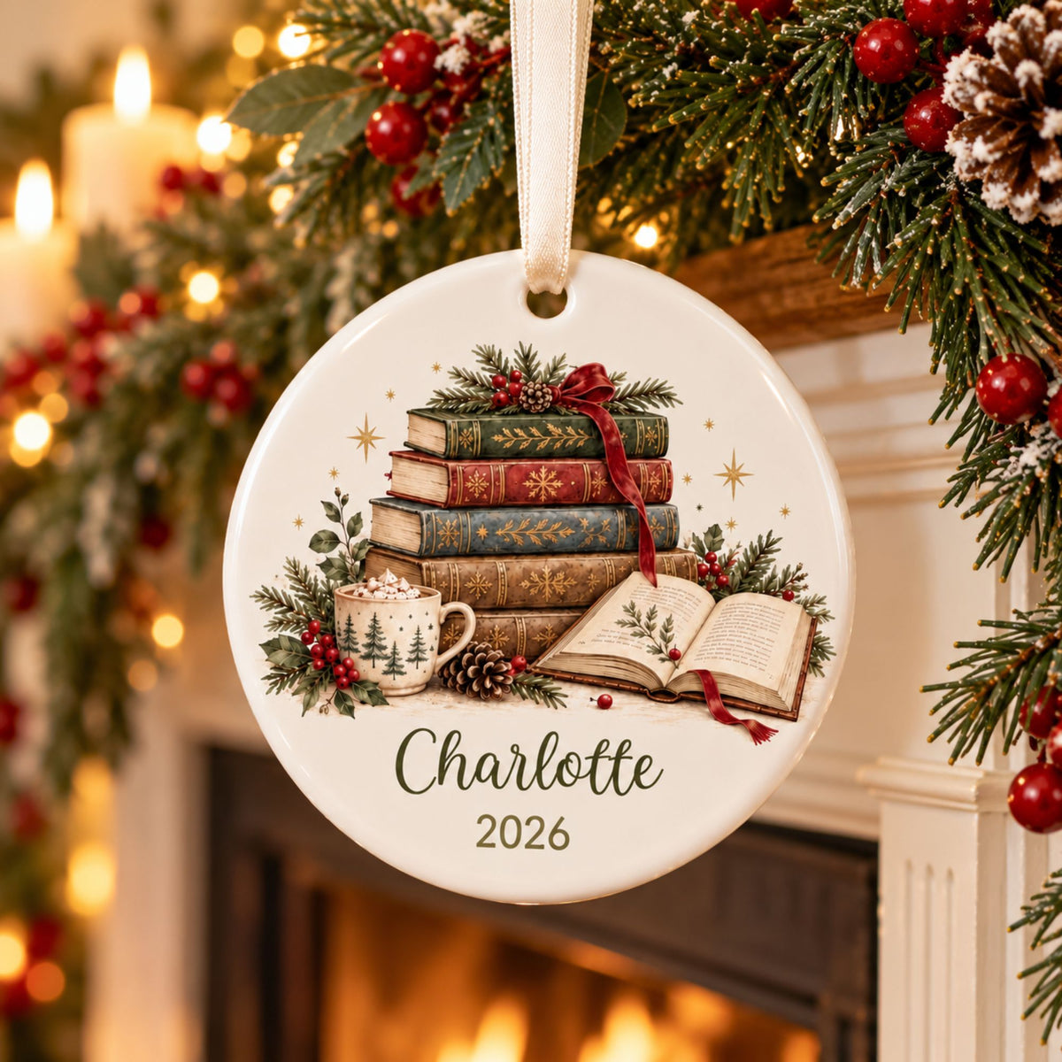Personalized Book Lover Christmas Ornament - Vintage Books