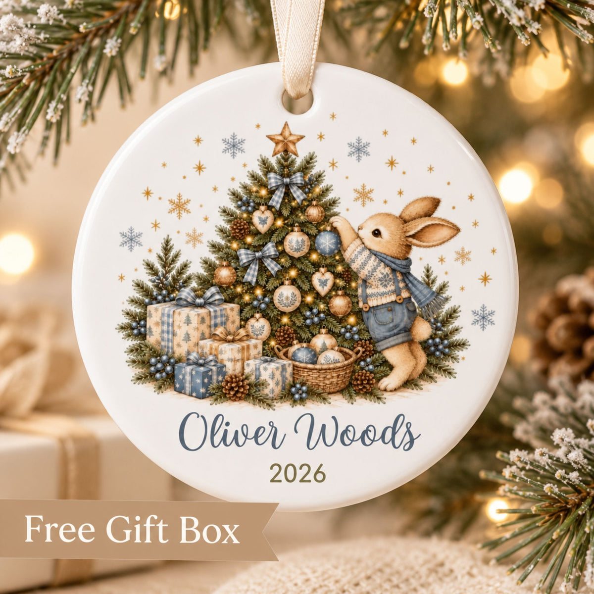 Personalized Bunny Christmas Ornament for Boys with Name and Year