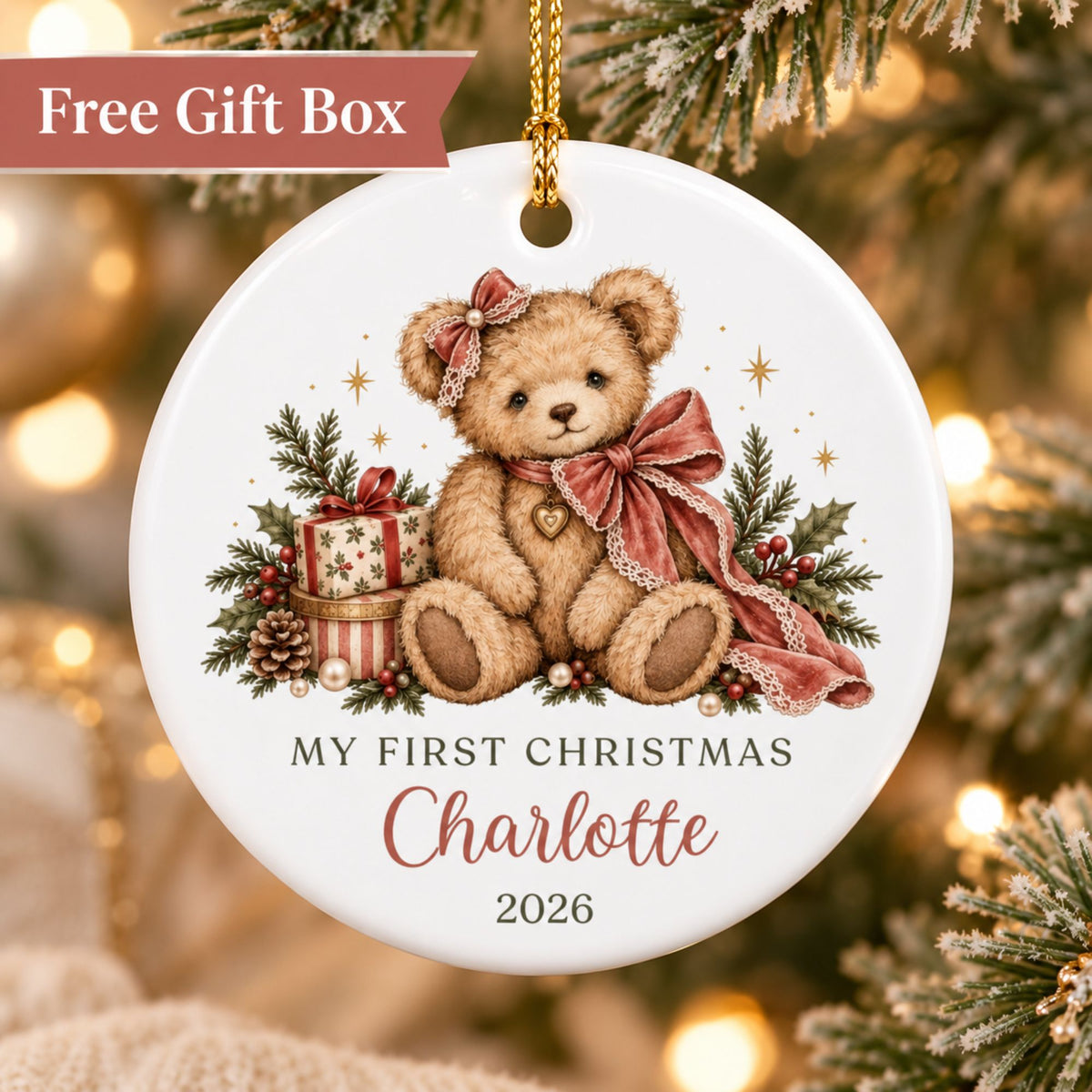 Baby Girl's First Christmas Ornament - Personalized Bow Teddy