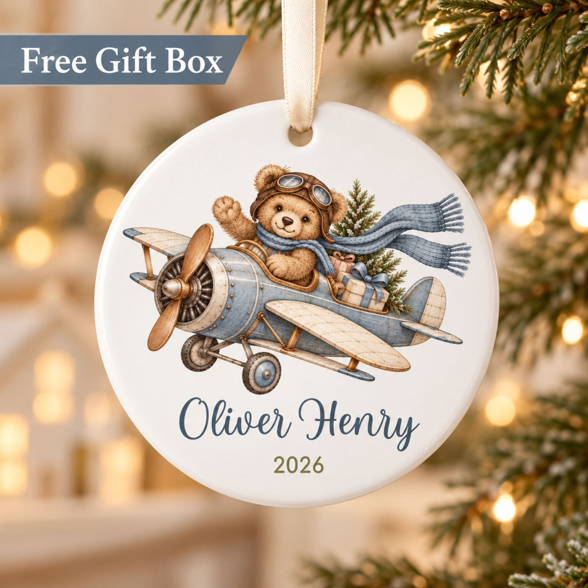 Personalized Airplane Christmas Ornament with Teddy Bear Pilot