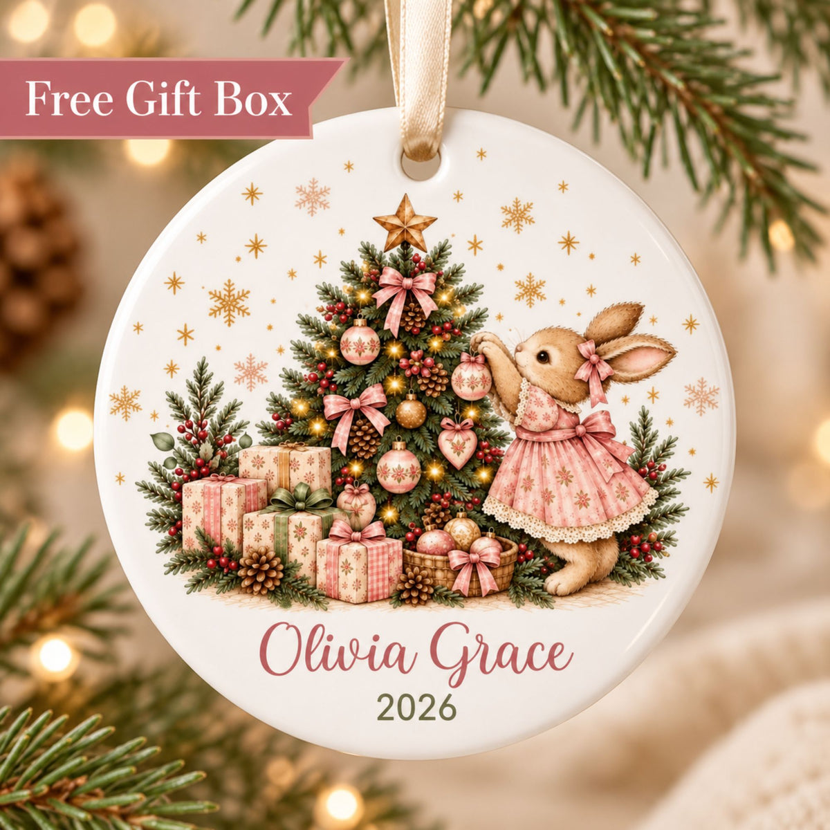 Personalized Bunny Baby Girl Christmas Ornament - Pink or Blue