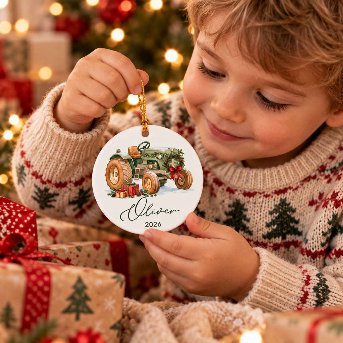 Personalized Tractor Christmas Ornament with Name and Year
