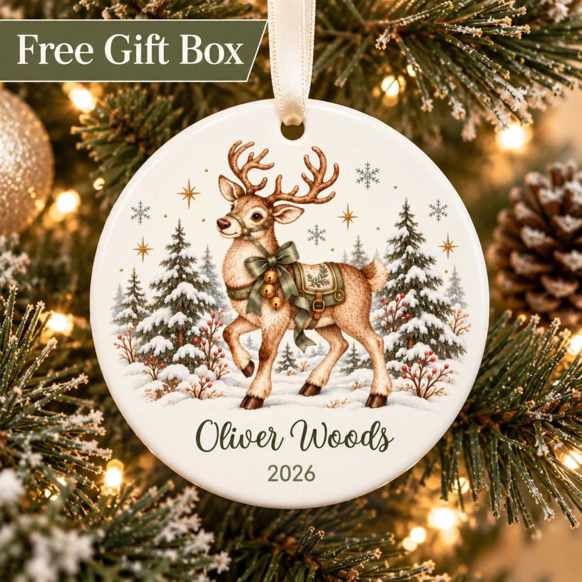 Personalized Reindeer Christmas Ornament with Name and Year