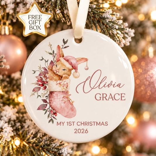 Baby Girl's First Christmas Ornament - Pink Stocking Bunny
