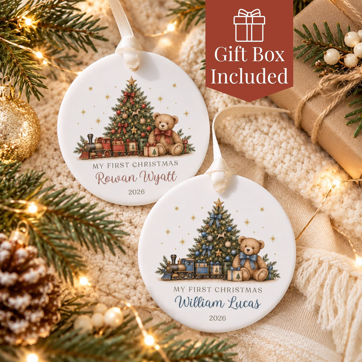 Personalized Baby's First Christmas Ornament - Teddy Bear Train