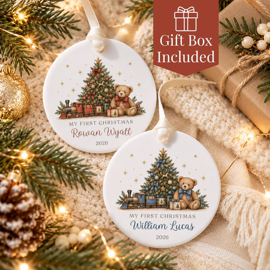 Personalized Baby's First Christmas Ornament - Teddy Bear Train