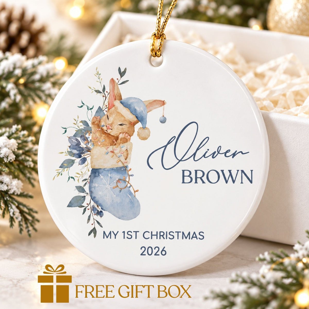 Baby Boy's First Christmas Ornament - Blue Stocking Bunny