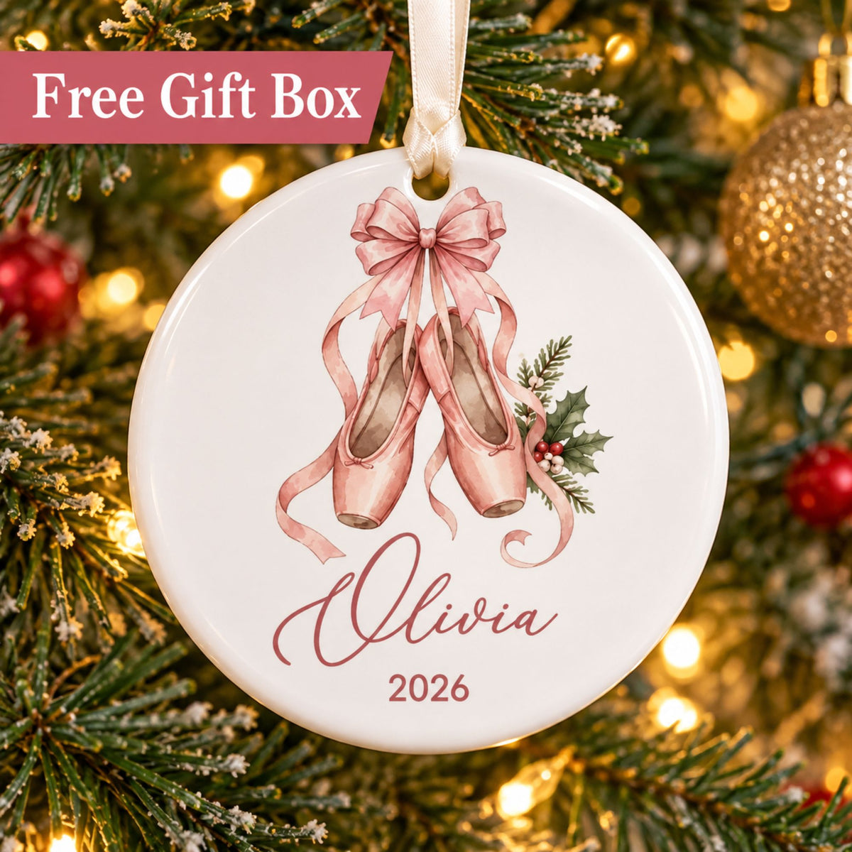 Personalized Ballerina Christmas Ornament - Pink Ballet Shoes