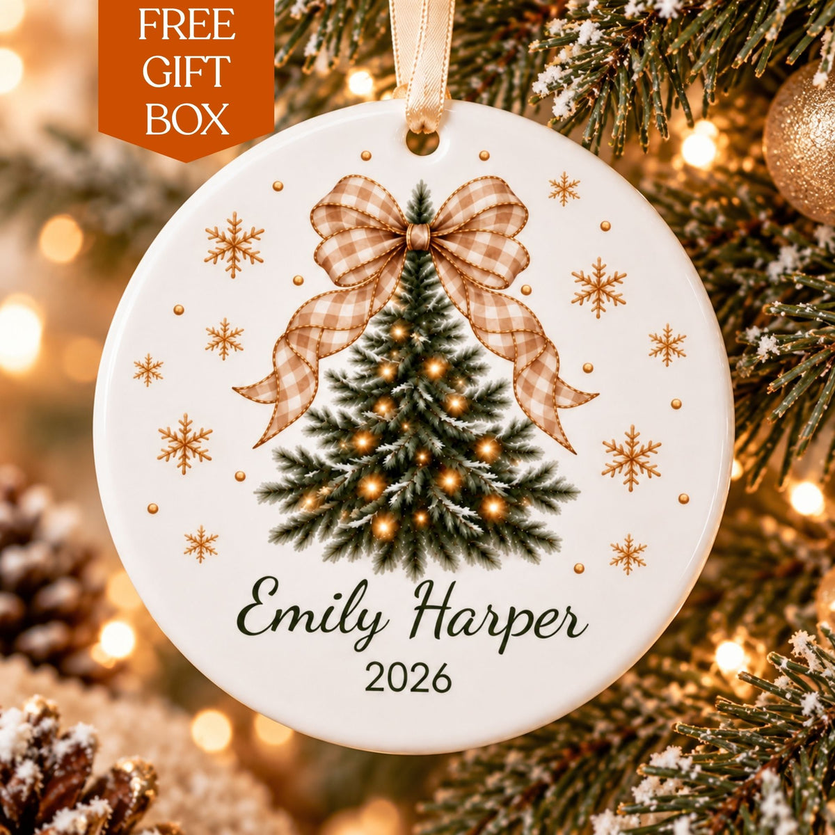 Personalized Christmas Tree Ornament with Gingham Bow