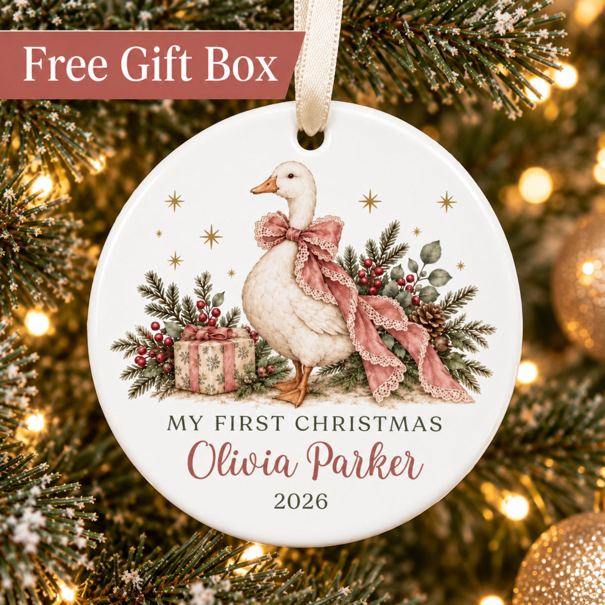 Baby Girl's First Christmas Ornament - Pink Bow Goose