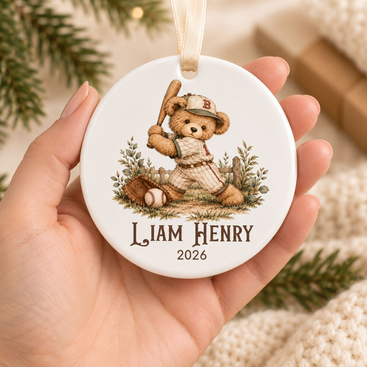 Personalized Baseball Christmas Ornament - Vintage Teddy Bear