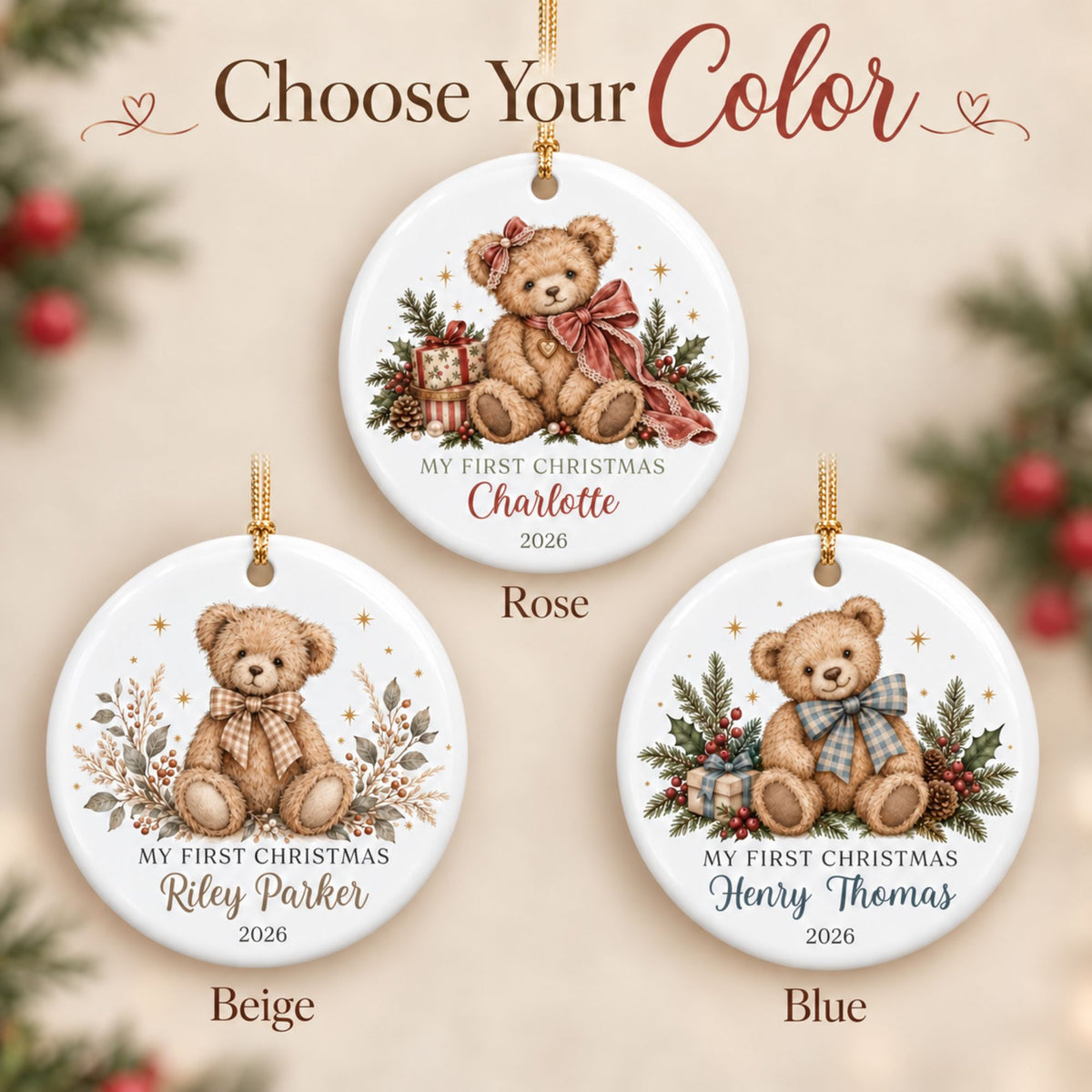 Personalized First Christmas Ornament - Neutral Teddy Bear