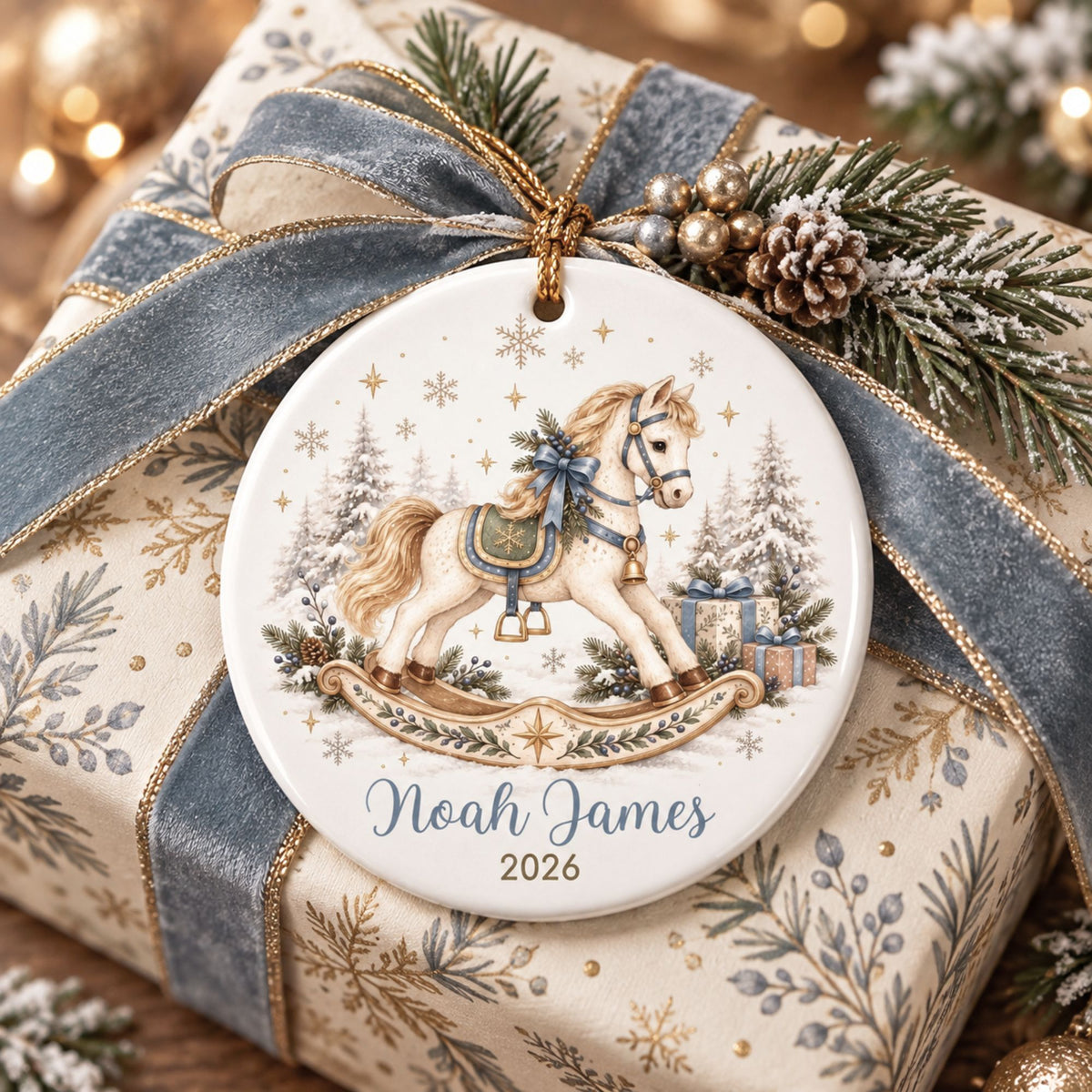Personalized Rocking Horse Christmas Ornament - Blue