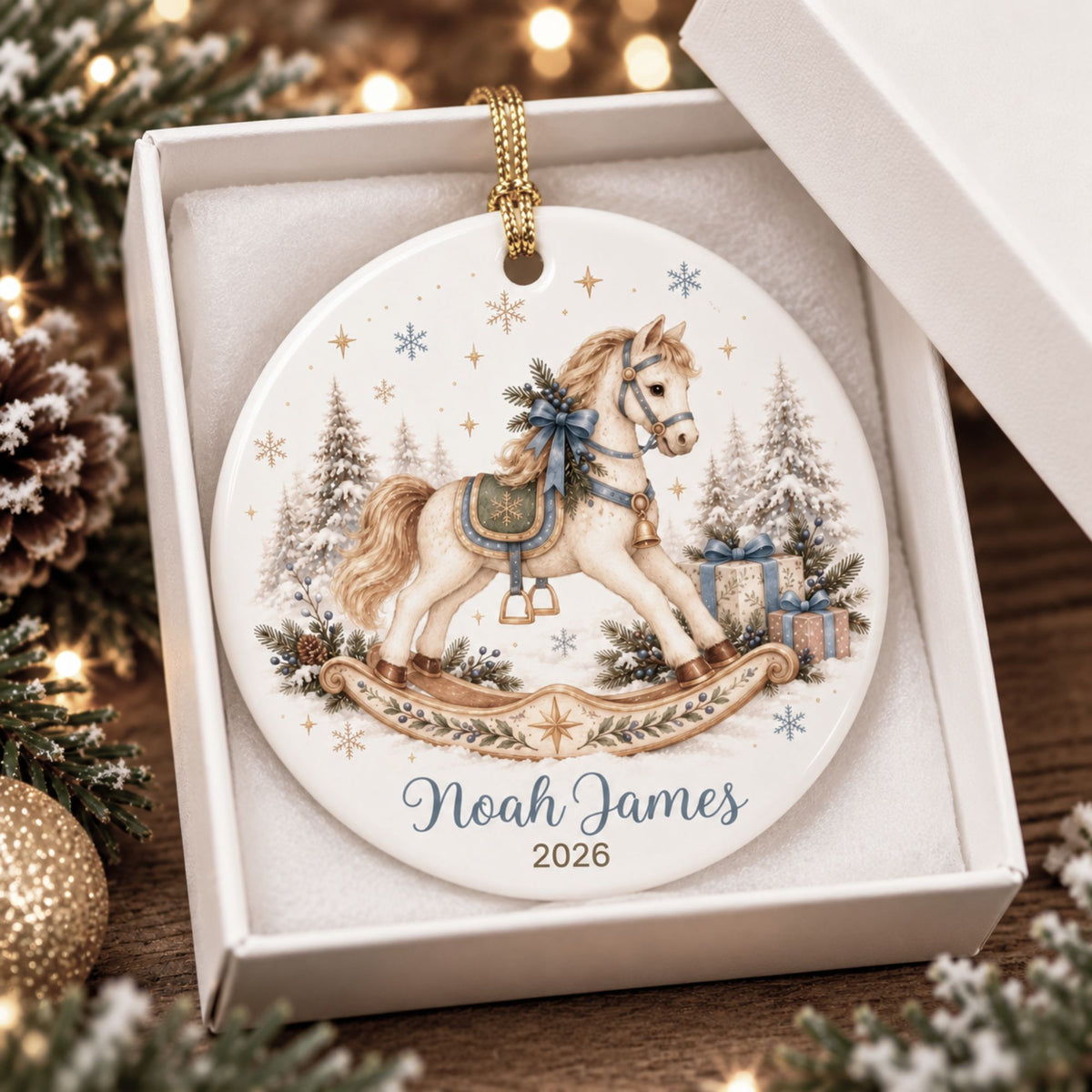 Personalized Rocking Horse Christmas Ornament - Blue