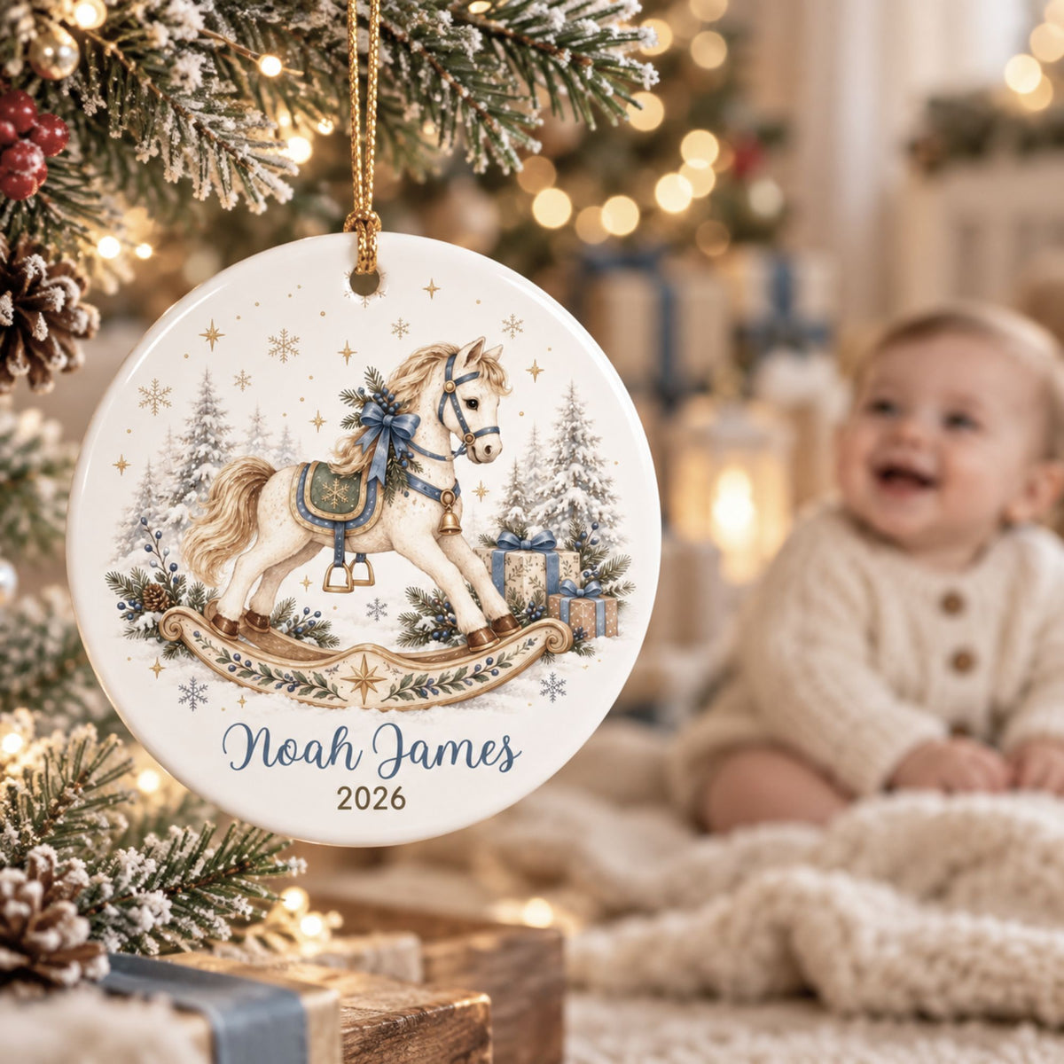 Personalized Rocking Horse Christmas Ornament - Blue